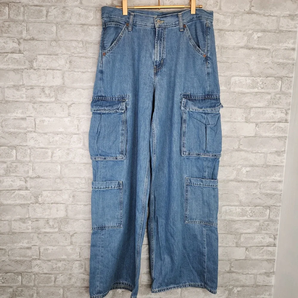 Old Navy Cargo‎ Jeans Medium Wash Blue Drapey Baggy Wide Leg Streetwear 8 Tall